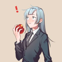 Rule 34 | !, 1girl, :t, apple, black jacket, black necktie, black suit, blue eyes, blue hair, blush, breasts, brown background, closed mouth, collared shirt, commentary, dress shirt, eating, food, formal, fruit, highres, holding, holding food, holding fruit, jacket, jujutsu kaisen, light blue hair, long hair, long sleeves, looking up, miwa kasumi, necktie, shirt, simple background, small breasts, solo, straight hair, suit, tachibanakimi, upper body, white shirt, wing collar