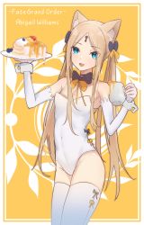 Rule 34 | 1girl, abigail williams (fate), absurdres, animal ears, bad id, bad pixiv id, black bow, blonde hair, blue eyes, blush, bow, breasts, cat ears, covered navel, detached sleeves, fate/grand order, fate (series), food, forehead, hair bow, highleg, highleg leotard, highres, humyn, keyhole, kittysuit, leotard, long hair, looking at viewer, multiple bows, nontraditional playboy bunny, open mouth, orange bow, pancake, parted bangs, plate, sidelocks, small breasts, smile, thighhighs, twintails, white leotard, yellow background