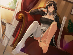 Rule 34 | 1girl, alracoco, breasts, cleavage, couch, feet, large breasts, maid, maid headdress, original, panties, sitting, smug, solo, thighhighs, underwear