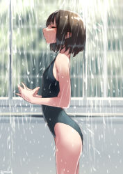 Rule 34 | 1girl, black hair, breasts, competition swimsuit, closed eyes, fingers together, jonsun, one-piece swimsuit, original, short hair, showering, small breasts, solo, swimsuit