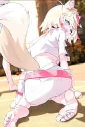 Rule 34 | animal ear fluff, animal ears, bandaid, bandaid hair ornament, barefoot, belt, black collar, blonde hair, blue eyes, collar, colored inner animal ears, dog ears, dog girl, dog tail, feet, gurumie, hair ornament, hairband, headband, highres, holoadvent, hololive, hololive english, horn hairband, mococo abyssgard, mococo abyssgard (1st costume), multicolored hair, non-web source, open mouth, pink belt, pink hair, pink hairband, pink headband, soles, streaked hair, tail, virtual youtuber