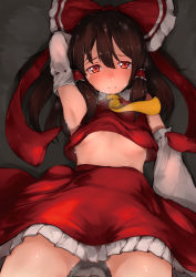 Rule 34 | 1girl, absurdres, arm up, armpits, ascot, bad id, bad pixiv id, blush, bow, brown hair, detached sleeves, hair between eyes, hair bow, hair tubes, hakurei reimu, highres, hplay, long hair, looking at viewer, lying, red bow, red eyes, red skirt, ribbon-trimmed sleeves, ribbon trim, sidelocks, skirt, solo, sweat, touhou, vest