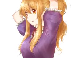 Rule 34 | 1girl, bad id, bad pixiv id, blonde hair, breasts, choker, dress, hair up, hands in hair, koto (shiberia39), looking to the side, open mouth, orange eyes, puffy short sleeves, puffy sleeves, purple dress, ribbon choker, short sleeves, simple background, solo, touhou, upper body, white background, yakumo yukari