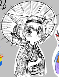 Rule 34 | 1girl, arknights, blush, braid, closed mouth, commentary, dot mouth, english commentary, flower, greyscale, hair flower, hair ornament, hairband, hairpin, high contrast, holding, holding umbrella, japanese clothes, kimono, looking at viewer, medium hair, monochrome, oil-paper umbrella, shiokaze1409, side braid, single braid, solo, suzuran (arknights), umbrella, upper body