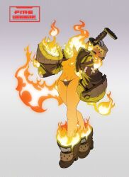 Rule 34 | 1girl, arm at side, bare legs, black panties, blue eyes, boots, breasts, character name, colored skin, cropped jacket, douglas harvey, elbow pads, english text, fiery hair, fiery nipples, fiery pubic hair, fire, fire elemental, firefighter, flaming foot, flaming hand, flaming sword, flaming weapon, glowing, gradient background, grey background, groin, hand up, highres, jacket, legs, lips, looking at viewer, navel, original, oversized footwear, panties, patterned background, pointing, pointing up, popped collar, pyrokinesis, single elbow pad, small breasts, solo, strapless bottom, sword, tape, thighs, torn clothes, torn jacket, underwear, walking, weapon, weapon on back, wide hips, wide shot, yellow skin