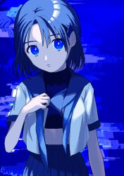 Rule 34 | 1girl, absurdres, arm at side, blue eyes, blue hair, blue neckerchief, blue skirt, blue theme, commentary request, cowboy shot, cropped shirt, glitch, hair ornament, hairclip, hand up, highres, ily., looking at viewer, midriff, narume, neckerchief, official art, open clothes, open shirt, opened by self, parted lips, pixel art, pleated skirt, school uniform, serafuku, shirt, short hair, short sleeves, simple background, skirt, solo, turtleneck, turtleneck shirt, undershirt, undone neckerchief, white shirt, yurisawa airi