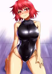 Rule 34 | 1girl, black one-piece swimsuit, blush, competition swimsuit, d-m (dii emu), front zipper swimsuit, highleg, highleg swimsuit, highres, horikawa raiko, kneeling, looking at viewer, meme attire, one-piece swimsuit, red eyes, red hair, short hair, smile, solo, swimsuit, touhou, turtleneck
