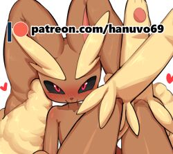 Rule 34 | 1girl, animal feet, animal nose, artist name, black sclera, blush, body fur, brown fur, closed mouth, collarbone, colored sclera, creatures (company), cropped, female focus, flat chest, furry, furry female, game freak, gen 4 pokemon, hanuvo, happy, heart, kneepits, legs, legs up, long ears, looking at viewer, lopunny, nintendo, nose blush, patreon logo, patreon username, pawpads, pokemon, pokemon (creature), rabbit ears, rabbit girl, red eyes, shiny skin, smile, solo, thighs, two-tone fur, watermark, yellow fur