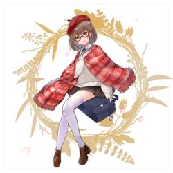 Rule 34 | 1girl, absurdres, bag, beret, black bag, black ribbon, black skirt, brown footwear, brown hair, cable knit, collared shirt, commentary request, flat chest, fringe trim, glasses, grey sweater, hat, highres, invisible chair, kyomu (kyomu lwl), long sleeves, looking at viewer, mahjong, mahjong soul, mahjong tile, making-of available, medium bangs, miniskirt, neck ribbon, ninomiya hana, open mouth, plaid shawl, pleated skirt, red-framed eyewear, red hat, red shawl, ribbon, school bag, shawl, shirt, shoes, short hair, sitting, skirt, smile, sweater, thighhighs, white background, white shirt, white thighhighs, wreath, yellow eyes