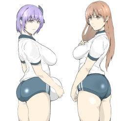 Rule 34 | 2girls, ass, ayane (doa), ball, breasts, brown eyes, brown hair, buruma, closed mouth, cowboy shot, dead or alive, female focus, from behind, groin, gym uniform, hand on own chest, hand up, headband, highres, holding, holding ball, kasumi (doa), legs, long hair, looking at viewer, looking back, medium breasts, multiple girls, parted lips, purple hair, red eyes, short hair, sideboob, simple background, thighs, wan (13070284), white background