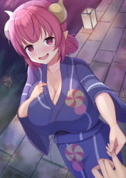 Rule 34 | 1boy, 1girl, 1other, blue kimono, blush, breasts, brick road, cleavage, collarbone, commentary request, dragon girl, dragon horns, eyelashes, fireworks, happy, highres, holding finger, horns, huge breasts, ilulu (maidragon), inari jin, japanese clothes, kimono, kobayashi-san chi no maidragon, looking at viewer, open mouth, outdoors, pink eyes, pink hair, pointy ears, print kimono, shortstack, smile, solo focus, yukata
