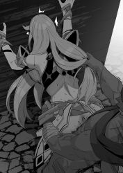Rule 34 | 1boy, 1girl, absurdres, against wall, backboob, bandaged arm, bandages, bent over, black bean, breasts, clothed sex, elbow gloves, gloves, grabbing another&#039;s hair, greyscale, highres, large breasts, long hair, midriff, monochrome, motor vehicle, mythra (xenoblade), netorare, outdoors, sex, sex from behind, skirt, standing, standing sex, sweat, swept bangs, xenoblade chronicles (series), xenoblade chronicles 2