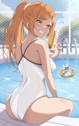 Rule 34 | 1girl, absurdres, ass, brown eyes, brown hair, chain-link fence, competition school swimsuit, fence, from behind, grin, highres, kana (wucz8478), long hair, one-piece swimsuit, original, ponytail, pool, pool ladder, poolside, rabbit, school swimsuit, smile, swimsuit, water gun, white one-piece swimsuit