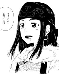 Rule 34 | 10s, 1girl, absurdres, ainu clothes, asirpa, bandana, commentary request, drooling, earrings, eyebrows, golden kamuy, greyscale, highres, himajin noizu, hoop earrings, jewelry, monochrome, open mouth, saliva, sidelocks, simple background, solo, speech bubble, upper body, white background