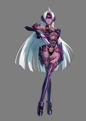 Rule 34 | 00s, 1girl, absurdres, blue eyes, breasts, dark skin, dark-skinned female, detached sleeves, female focus, gun, highres, large breasts, long hair, namco, official art, project x zone, smile, solo, t-elos, thighhighs, underboob, weapon, white hair, xenosaga, xenosaga episode iii
