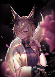 Rule 34 | 1boy, 2019, animal ears, bad id, bad pixiv id, bare shoulders, black background, black shirt, blurry, blurry foreground, blush, breasts, closed mouth, collarbone, commentary request, depth of field, eyebrows hidden by hair, flower, fox ears, fox girl, fox tail, granblue fantasy, hair ornament, hair over one eye, jacket, keyhole, kou (granblue fantasy), light brown hair, long sleeves, looking away, looking to the side, male focus, petals, pink flower, shirt, signature, sleeveless, sleeveless shirt, small breasts, smile, solo, tail, upper body, white jacket, wide sleeves, yurichtofen