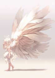 Rule 34 | 1girl, barefoot, blue eyes, carrying, carrying under arm, child, dress, full body, half-closed eyes, halo, highres, holding, long hair, narumi arata, original, pillow, profile, rubbing eyes, shadow, silver hair, simple background, sleepy, solo, walking, white dress, white wings, wings