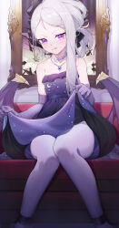 Rule 34 | 1girl, absurdres, bare shoulders, blue archive, dress, highres, hina (blue archive), jinjide shaonian, looking at viewer, purple dress, purple eyes, smile, solo, white hair, wings