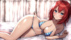 Rule 34 | 1girl, bed, bikini, blue bikini, blue eyes, blush, breasts, closed mouth, commission, large breasts, looking at viewer, lying, medium hair, nail polish, navel, on bed, on side, original, pillow, red hair, skindentation, smile, solo, stomach, strap pull, striped bikini, striped clothes, swimsuit, wet, wet hair, wide hips, yeooudam