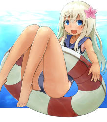 Rule 34 | 10s, 1girl, :d, blonde hair, blue eyes, flower, hair flower, hair ornament, highres, kantai collection, long hair, looking at viewer, okitsugu, open mouth, ro-500 (kancolle), school swimsuit, school uniform, smile, solo, swimsuit, swimsuit under clothes