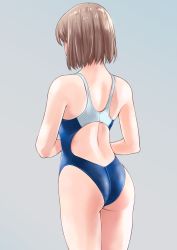 Rule 34 | 1girl, absurdres, ass, blue one-piece swimsuit, bob cut, brown hair, commentary request, competition swimsuit, cowboy shot, from behind, grey background, highres, macosee, multicolored clothes, multicolored swimsuit, one-piece swimsuit, original, short hair, simple background, solo, standing, swimsuit