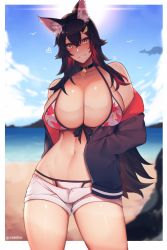 Rule 34 | 1girl, animal ear fluff, animal ears, beach, bell, bikini, bikini under clothes, black choker, black hair, black jacket, blue sky, blurry, blurry background, blush, breasts, choker, cleavage, cloud, cowboy shot, day, grin, hair between eyes, hair ornament, hairclip, hand in pocket, heart, highres, hololive, huge breasts, jacket, leaf print, long hair, looking at viewer, micro shorts, multicolored hair, navel, neck bell, ookami mio, ookami mio (hololive summer 2019), open clothes, open jacket, outdoors, print bikini, red hair, short shorts, shorts, sky, smile, solo, standing, stomach, streaked hair, swimsuit, tail, unbeller, very long hair, virtual youtuber, wolf ears, wolf tail, yellow eyes