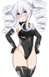 Rule 34 | armpits, bare shoulders, black sister, blush, bodysuit, boots, breasts, drill hair, gloves, green eyes, highres, long hairctwintails, neptune (series), small breasts, smile, stiris rangetsu, thighs, tsundere, twin drills, uni (neptunia), white hair