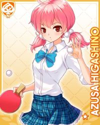 Rule 34 | 1girl, :o, ball, blue bow, blue skirt, bow, card (medium), character name, collar, girlfriend (kari), higashino azusa, holding, holding ball, holding paddle, looking at viewer, official art, open mouth, paddle, pink eyes, pink hair, plaid, plaid skirt, qp:flapper, school uniform, shirt, skirt, solo, standing, table tennis ball, table tennis paddle, tagme, twintails, v-shaped eyebrows, white shirt, yellow background