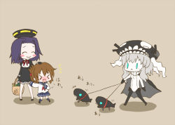 Rule 34 | &gt; &lt;, 10s, 3girls, :&lt;, abyssal ship, aqua eyes, arinu, bag, blush stickers, bodysuit, brown hair, chibi, closed eyes, collarbone, dress, folded ponytail, gloves, grey hair, groceries, grocery bag, halo, hand on head, headgear, i-class destroyer, inazuma (kancolle), kantai collection, leash, mechanical halo, monster, multiple girls, open mouth, pale skin, personification, pet, purple hair, sailor dress, scared, school uniform, serafuku, shopping bag, tatsuta (kancolle), wo-class aircraft carrier