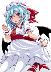 Rule 34 | 1girl, ascot, bat wings, blue eyes, blue hair, blush, breasts, brooch, clenched hand, commentary request, fang, feet out of frame, gradient background, grey background, hair between eyes, hand up, hat, hat ribbon, jewelry, looking at viewer, medium breasts, opanchu (hakusen), open mouth, pantyhose, pointy ears, puffy short sleeves, puffy sleeves, red ascot, red ribbon, red sash, remilia scarlet, ribbon, sash, short hair, short sleeves, skirt hold, solo, sweat, touhou, white background, white hat, white pantyhose, wings, wrist cuffs