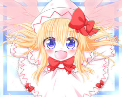 Rule 34 | 1girl, blonde hair, blue eyes, blush, bow, capelet, cherry blossoms, close-up, dress, happy, hat, lily white, long hair, long sleeves, looking at viewer, mofu mofu, open mouth, outstretched arms, petals, smile, solo, touhou, wide sleeves, wings