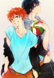 Rule 34 | 2boys, ball, belt, black hair, blue hair, blue shirt, brown belt, brown eyes, earbuds, earphones, grin, haikyuu!!, hand in pocket, highres, hinata shouyou, holding, holding ball, jewelry, kageyama tobio, looking at viewer, messy hair, multiple boys, necklace, orange hair, shirt, simple background, smile, tanuki happa, volleyball, volleyball (object)
