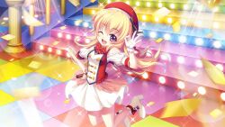 Rule 34 | 1girl, band uniform, bare legs, bare shoulders, beret, blonde hair, bow, bowtie, breasts, concert, confetti, dot nose, film grain, game cg, gloves, hand on own hip, hasegawa mii, hat, high heels, holding, holding microphone, idol, idol clothes, izumi tsubasu, jumping, layered skirt, lens flare, long hair, looking at viewer, microphone, non-web source, official art, ok sign, open mouth, purple eyes, railing, re:stage!, red bow, red bowtie, red hat, see-through, see-through skirt, skirt, small breasts, smile, solo, sparkle, sparkling eyes, stage, stage lights, stairs, striped bow, striped bowtie, striped clothes, teeth, tile floor, tiles, upper teeth only, white footwear, white gloves, white skirt, white uniform