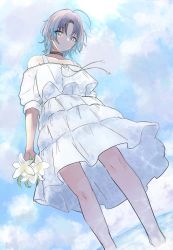 Rule 34 | 1girl, ahoge, asakura toru, bare legs, black choker, blue sky, choker, dress, dutch angle, flower, from below, hatorika siso, highres, holding, holding flower, idolmaster, idolmaster shiny colors, light purple hair, lily (flower), looking at viewer, looking down, off-shoulder dress, off shoulder, outdoors, parted bangs, sky, solo, wading, white dress