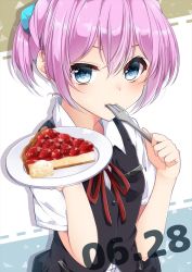 Rule 34 | 10s, 1girl, black vest, blouse, blue eyes, buttons, cake, dated, food, fork, fruit, hair between eyes, hikobae, holding, holding fork, holding plate, kantai collection, pink hair, plate, ponytail, red ribbon, ribbon, ringed eyes, school uniform, shiranui (kancolle), shirt, short hair, short sleeves, solo, strawberry, utensil in mouth, vest, white shirt