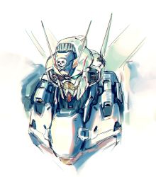 Rule 34 | banchengping@126, blue eyes, close-up, crossbone gundam, crossbone gundam x-1, glowing, glowing eye, gundam, looking down, mecha, one eye covered, pirate, robot, sketch, skull, skull and crossbones, solo, v-fin, white background
