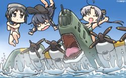 Rule 34 | 3girls, ahoge, aircraft, airplane, akatsuki (kancolle), akitsushima (kancolle), black hair, blue sky, brown eyes, chibi, closed eyes, day, diving mask, diving mask on head, flat cap, flying boat, goggles, goggles on head, gradient sky, grey hair, hamu koutarou, hat, highres, kantai collection, long hair, maru-yu (kancolle), multiple girls, nishikitaitei-chan, one-hour drawing challenge, one-piece swimsuit, open mouth, outdoors, remodel (kantai collection), riding, school swimsuit, sharp teeth, short hair, side ponytail, sidelocks, sky, swimsuit, tears, teeth, waves, white one-piece swimsuit, white school swimsuit