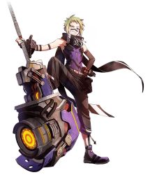 Rule 34 | 1boy, blonde hair, blue eyes, clothes, face paint, full body, gloves, god eater, god eater 3, grin, hammer, looking at viewer, male focus, official art, pants, scarf, shirt, shoes, short hair, simple background, smile, solo, standing, teeth, weapon, zeke pennywort