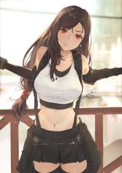 Rule 34 | 1girl, belt, black belt, black gloves, black skirt, black thighhighs, breasts, brown hair, commentary, crop top, earrings, elbow gloves, fadingz, final fantasy, final fantasy vii, final fantasy vii remake, glint, gloves, highres, jewelry, large breasts, long hair, looking at viewer, low-tied long hair, materia, midriff, miniskirt, navel, parted lips, pixiv id, red eyes, signature, single earring, skirt, solo, stomach, suspender skirt, suspenders, swept bangs, tank top, thighhighs, tifa lockhart, white tank top, zettai ryouiki