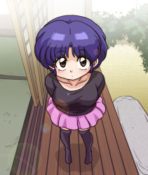 Rule 34 | 1girl, :o, alternate costume, arms behind back, blush, brown eyes, bush, casual, from above, full body, lens flare, looking at viewer, looking up, outdoors, plant, purple hair, ranma 1/2, shadow, short hair, skirt, sliding doors, solo, tatami, tendou akane, thighhighs, wanta (futoshi)