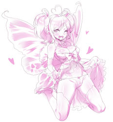 Rule 34 | 1girl, breasts, cameltoe, cleavage, fairy, fairy wings, female focus, full body, heart, heart-shaped pupils, hunie (series), huniepop, kyu sugardust, looking at viewer, monochrome, naso4, one eye closed, panties, pussy juice, simple background, smile, solo, symbol-shaped pupils, thighhighs, tongue, tongue out, twintails, underwear, white background, wings, wink