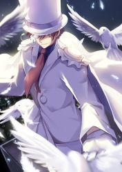 Rule 34 | 1boy, bad id, bad pixiv id, bird, brown hair, cape, commentary request, cowboy shot, dove, feathers, formal, gloves, hand up, hat, highres, jacket, kaitou kid, kyuu (chiu850513), long sleeves, magic kaito, male focus, meitantei conan, monocle, necktie, night, outdoors, pants, red necktie, short hair, smile, solo, suit, top hat, white cape, white feathers, white gloves, white hat, white jacket, white pants, white suit