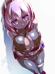 Rule 34 | 1girl, backless outfit, bare back, bare shoulders, black gloves, black hairband, breasts, center opening, dark skin, dark-skinned female, dated, fate/grand order, fate/prototype, fate/prototype: fragments of blue and silver, fate (series), gloves, hairband, hassan of serenity (fate), large breasts, miuku (marine sapphire), purple eyes, purple hair, solo