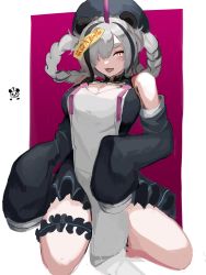 Rule 34 | 1girl, alternate costume, animal ears, arknights, bear ears, braid, china dress, chinese clothes, cleavage cutout, clothing cutout, detached sleeves, dress, feater (arknights), grey hair, hair over one eye, hat, highres, jiangshi, jiangshi costume, kneeling, long sleeves, multicolored hair, panda ears, panda girl, pelvic curtain, pomjellyfish, sleeves past fingers, sleeves past wrists, streaked hair, thigh strap, twin braids