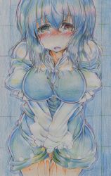 Rule 34 | 1girl, absurdres, bad id, bad pixiv id, blue hair, blush, breasts, colored pencil (medium), covering privates, covering crotch, crying, heterochromia, highres, juliet sleeves, large breasts, long sleeves, looking at viewer, nichibotsu (kitaziman), open mouth, pee, peeing, peeing self, puffy sleeves, shirt, skirt, skirt set, solo, tatara kogasa, touhou, traditional media, v arms, vest