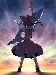Rule 34 | 1girl, amino (tn7135), back turned, backlighting, bad id, bad pixiv id, brown hair, detached sleeves, dusk, hair ribbon, hakurei reimu, hand on own hip, japanese clothes, midriff, miko, pointing, pointing up, ribbon, solo, touhou, wide sleeves