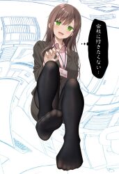 Rule 34 | 1girl, @ @, black pantyhose, blush, borrowed character, breasts, brown jacket, brown skirt, collared shirt, commentary request, convenient leg, embarrassed, feet, fine fabric emphasis, foreshortening, full body, green eyes, gurande (g-size), hair between eyes, hand up, highres, jacket, knees up, long hair, long sleeves, medium breasts, no shoes, office lady, ol-chan (oouso), open mouth, original, pantyhose, pink shirt, shirt, sidelocks, sitting, skirt, soles, solo, thought bubble, toes