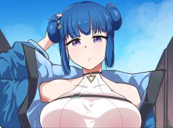 Rule 34 | 1girl, bare shoulders, blue hair, breasts, collarbone, double bun, duel monster, evil twin lil-la, hair bun, highres, jacket, large breasts, lil-la (yu-gi-oh!), maikeru (maikeruex), official alternate costume, open clothes, open jacket, purple eyes, scratching head, solo, upper body, yu-gi-oh!
