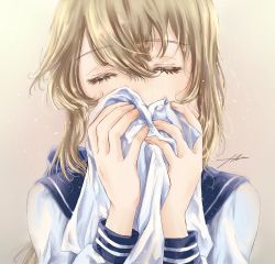 Rule 34 | 1girl, blonde hair, closed eyes, filha, hair between eyes, highres, holding, holding clothes, holding shirt, long hair, school uniform, serafuku, shirt, signature, smelling, smelling clothes, upper body, violet evergarden, violet evergarden (series)