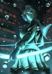 Rule 34 | 1girl, aged down, bleach, bleach: sennen kessen-hen, blurry, blurry background, bow (weapon), breasts, brown hair, building, closed mouth, commentary, cowboy shot, energy weapon, fighting stance, glowing bow (weapon), highres, holding, holding bow (weapon), holding weapon, kurosaki masaki, large breasts, long sleeves, looking at viewer, miniskirt, mitarashi (5333069), night, outdoors, pleated skirt, ribbon, sailor collar, school uniform, serafuku, short hair, skirt, solo, underlighting, water drop, weapon, white sailor collar